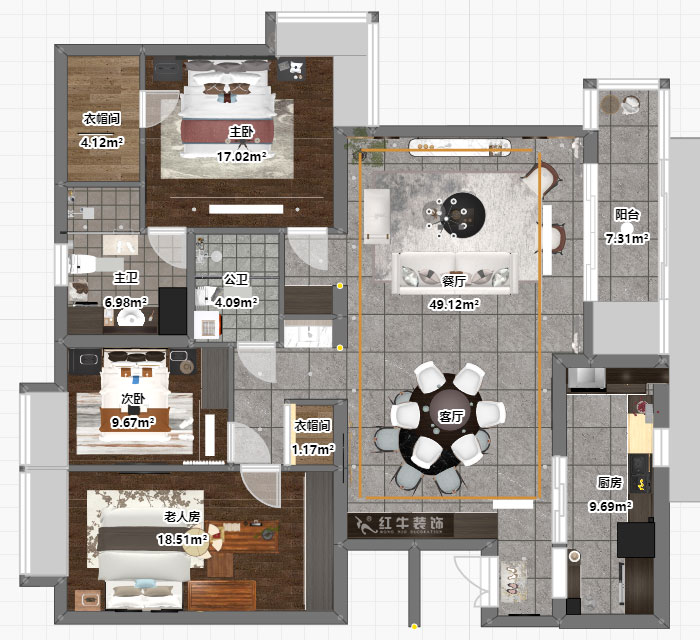 蔣琛｜京隆名爵府-2-1-301-160㎡-中式風格｜3室2廳2衛｜舊房裝修｜定制家｜全包22萬｜00_03平面彩圖