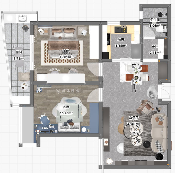 朱彥｜銀城東苑13-1402-99㎡-現代簡約風格｜2室2廳1衛｜老房裝修｜定制家｜全包13萬｜00_03平面彩圖