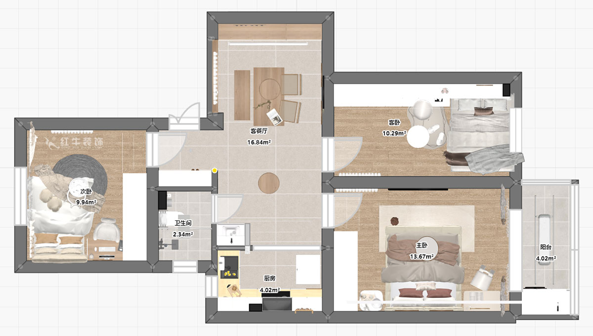 蔣琛｜百步坡8號606室-75㎡-現代簡約風格｜3室2廳1衛｜老房裝修｜定制家｜全包12萬｜00_03平面彩圖