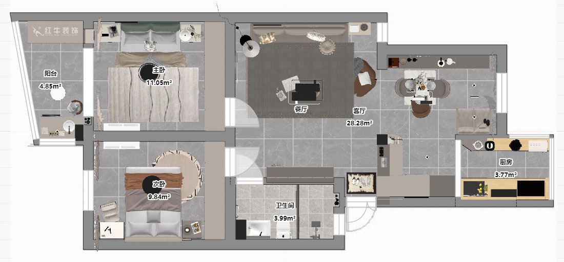 孟憲濤｜龍蟠花苑6-502-75㎡-現代簡約風格｜3室1廳1衛｜老房裝修｜定制家｜全包11萬｜00_03平面彩圖