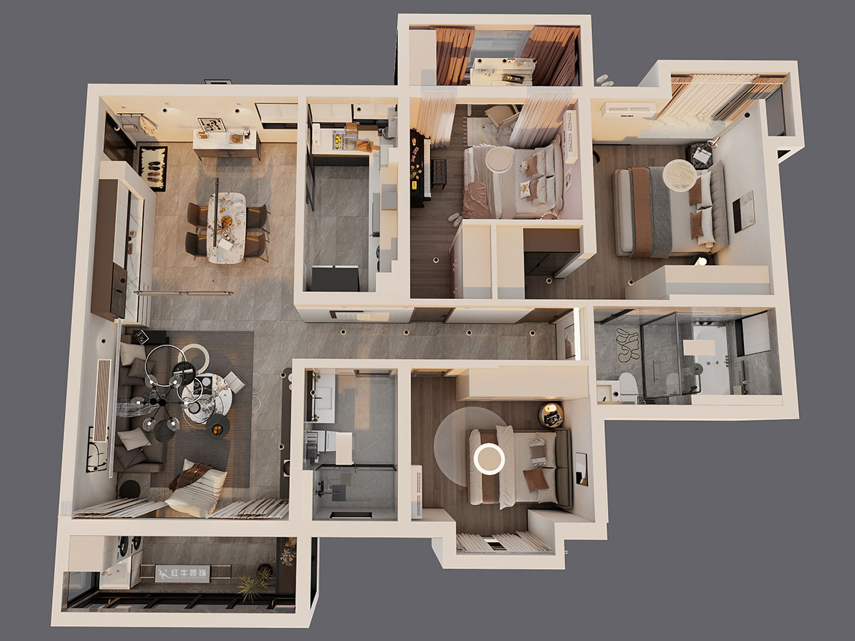 蔣琛｜蔚藍星座1-804-130㎡-現代簡約風格｜3室2廳2衛｜老房裝修｜定制家｜全包19萬｜00_04鳥瞰圖