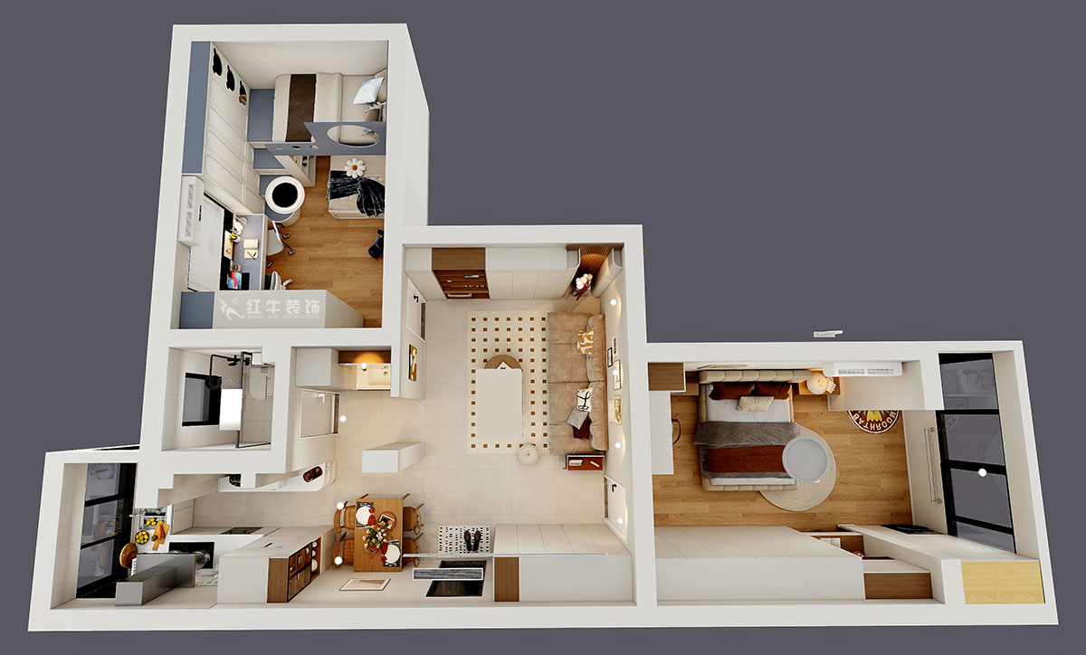 顧娟|大樹根32-703-70㎡-現(xiàn)代簡約風格|2室2廳1衛(wèi)|舊房裝修|定制家|全包11萬|00_05鳥瞰圖