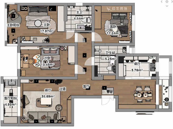 朱彥｜凱悅天琴2-3-1106-140㎡-現代簡約風格｜3室2廳2衛｜老房改造｜定制家｜全包18萬｜00_03平面彩圖