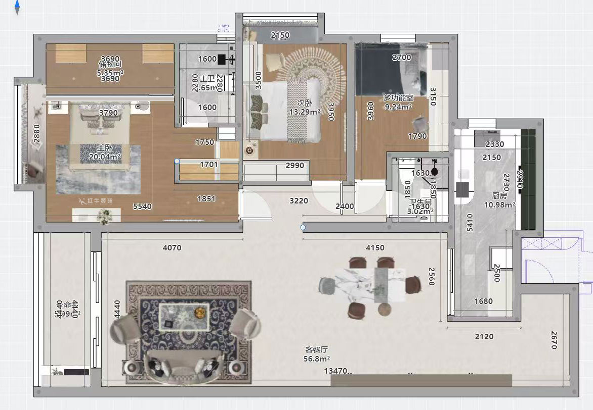 蔣琛｜京隆名府3-1907-160㎡-法式風格｜3室2廳2衛｜舊房裝修｜定制家｜全包22萬｜00_03平面彩圖
