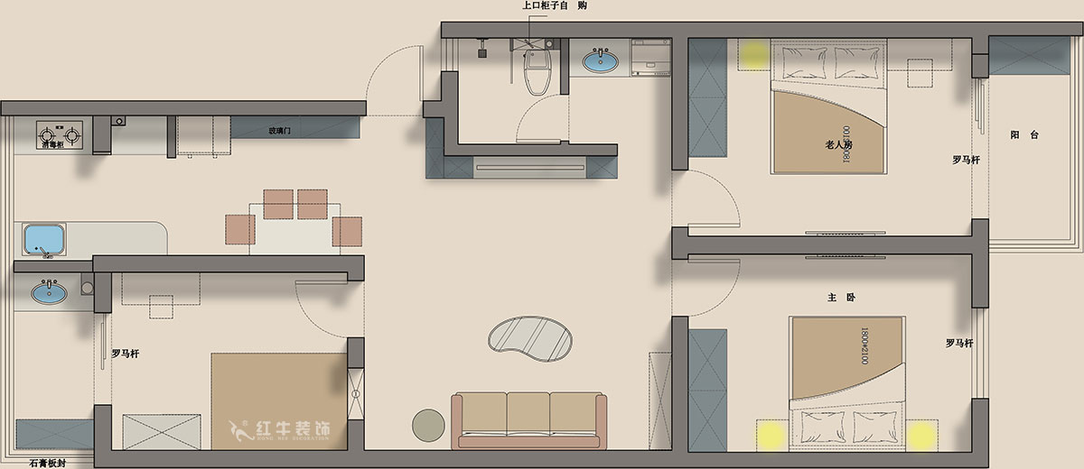 蔣琛｜金舟花園4-3-806-100㎡-現(xiàn)代簡約風格｜3室2廳1衛(wèi)｜老房裝修｜定制家｜全包12萬｜00_04平面彩圖